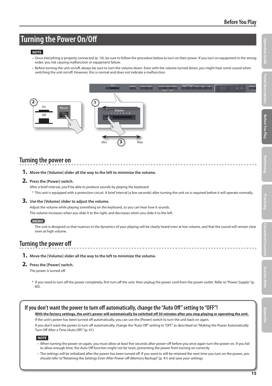 Turning the power on/off, Turning the power on, Turning the power off | Before you play | Roland DIGITAL PIANO HP505 User Manual | Page 15 / 68