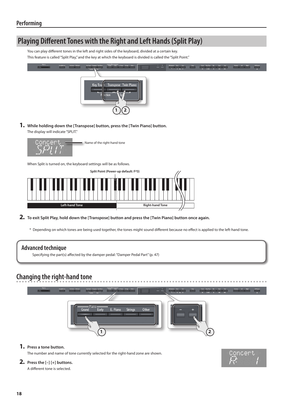 Y (p. 18) or, Changing the right-hand tone, Performing | Advanced technique | Roland DIGITAL PIANO HP505 User Manual | Page 18 / 68