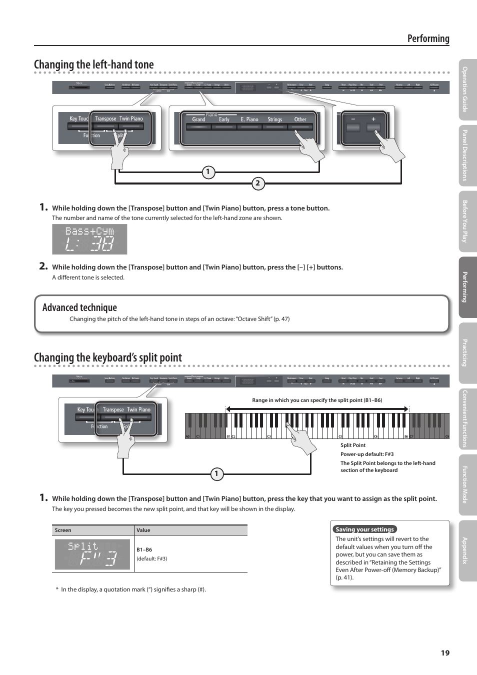 Changing the left-hand tone, Changing the keyboard’s split point, Performing | Advanced technique | Roland DIGITAL PIANO HP505 User Manual | Page 19 / 68