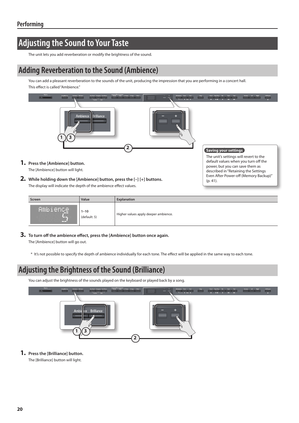 Adjusting the sound to your taste, Adding reverberation to the sound (ambience), Adjusting the brightness of the sound (brilliance) | Performing | Roland DIGITAL PIANO HP505 User Manual | Page 20 / 68