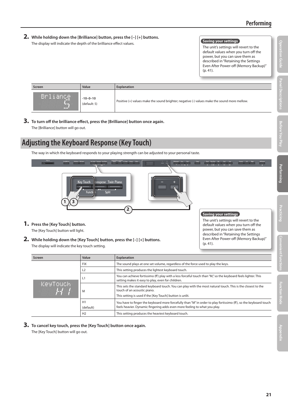 Adjusting the keyboard response (key touch), Performing 2 | Roland DIGITAL PIANO HP505 User Manual | Page 21 / 68