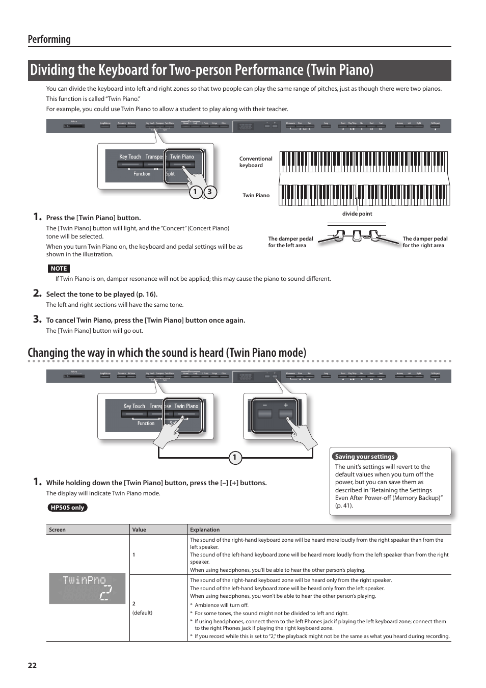 Iano (p. 22) ar, Performing | Roland DIGITAL PIANO HP505 User Manual | Page 22 / 68