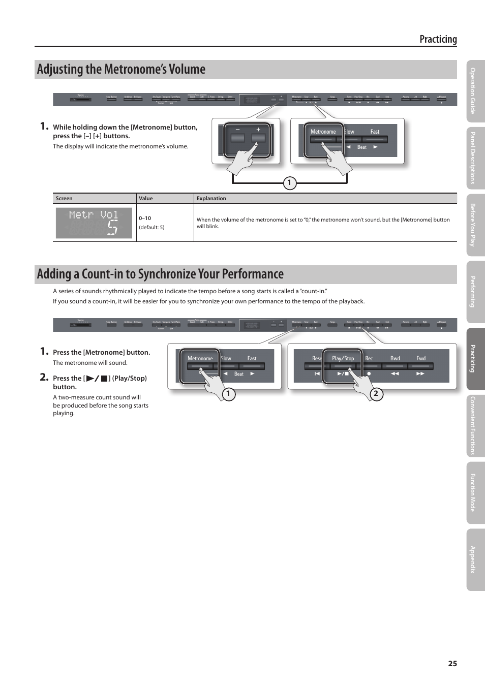 Adjusting the metronome’s volume, Adding a count-in to synchronize your performance, Practicing | Roland DIGITAL PIANO HP505 User Manual | Page 25 / 68