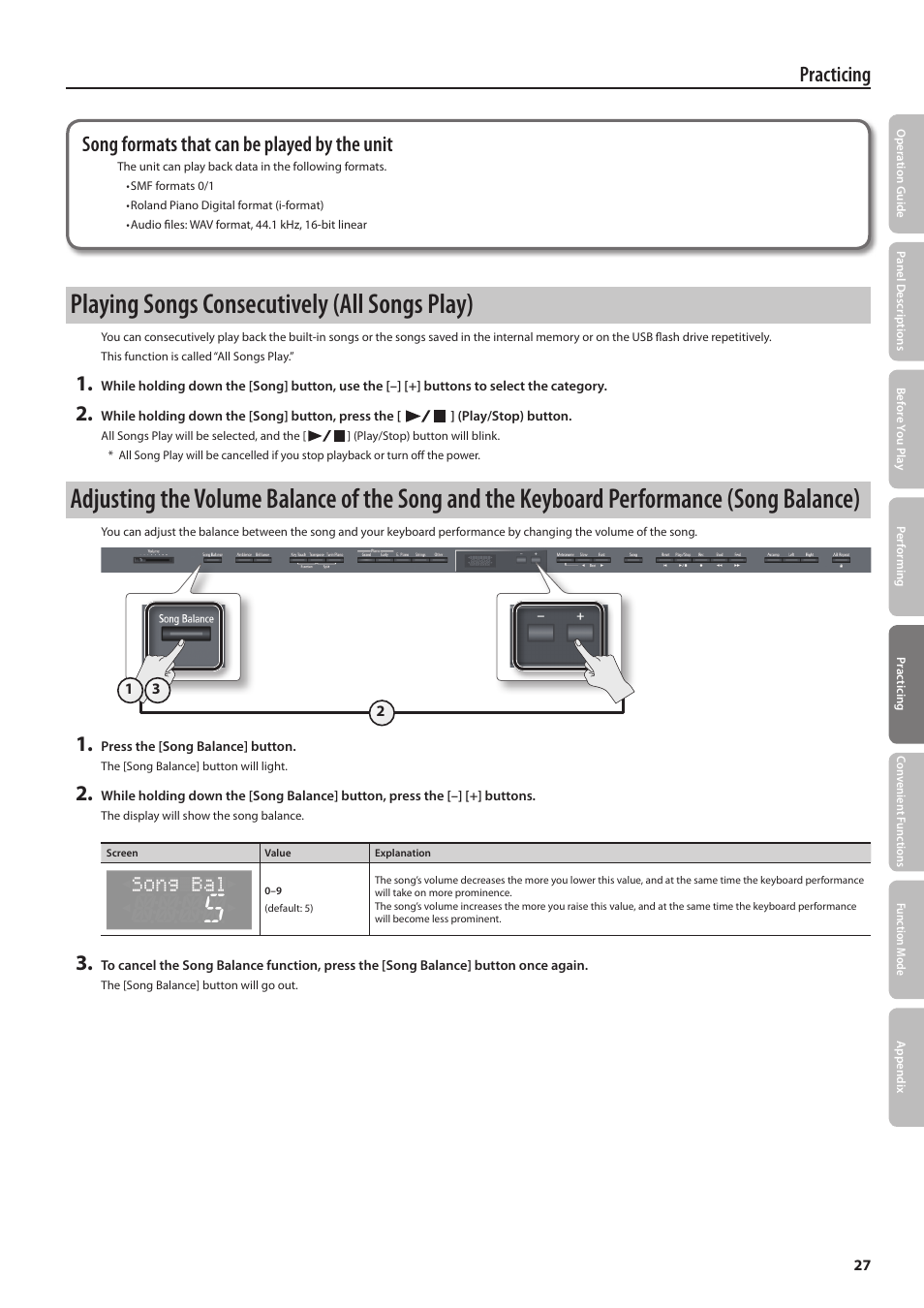 Playing songs consecutively (all songs play) | Roland DIGITAL PIANO HP505 User Manual | Page 27 / 68