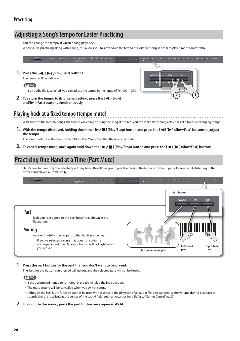 Adjusting a song’s tempo for easier practicing, Practicing one hand at a time (part mute), Playing back at a fixed tempo (tempo mute) | Practicing, Part, Muting | Roland DIGITAL PIANO HP505 User Manual | Page 28 / 68
