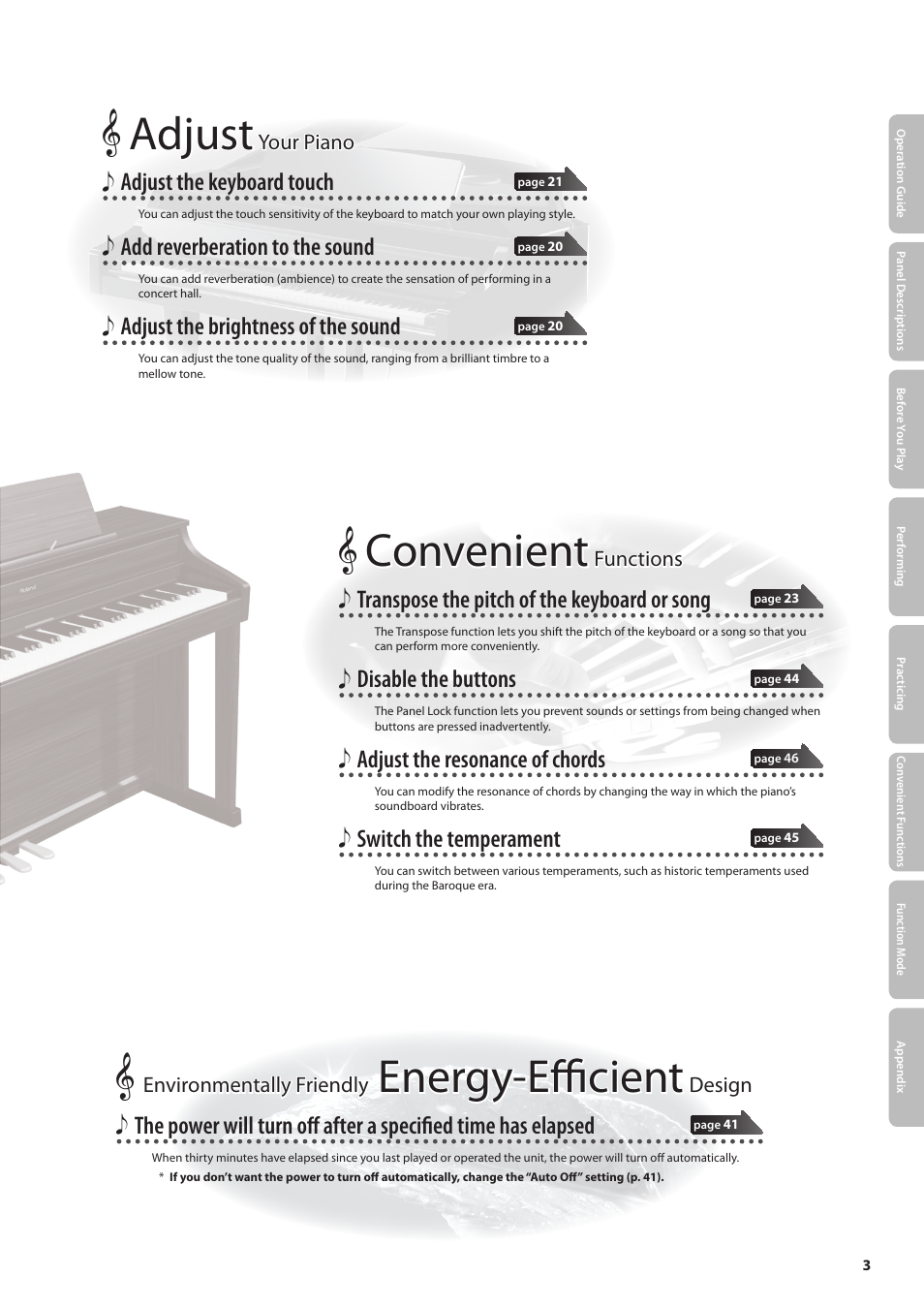 Energy-efficient, Adjust, Convenient | Adjust the keyboard touch, Add reverberation to the sound, Adjust the brightness of the sound, Transpose the pitch of the keyboard or song, Disable the buttons, Adjust the resonance of chords, Switch the temperament | Roland DIGITAL PIANO HP505 User Manual | Page 3 / 68