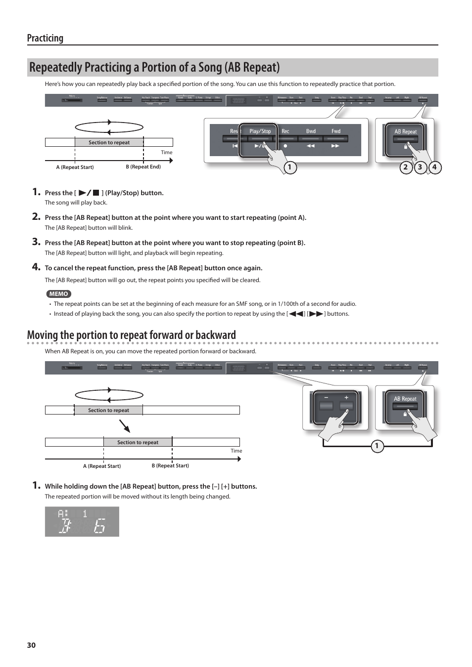 Moving the portion to repeat forward or backward, Practicing | Roland DIGITAL PIANO HP505 User Manual | Page 30 / 68