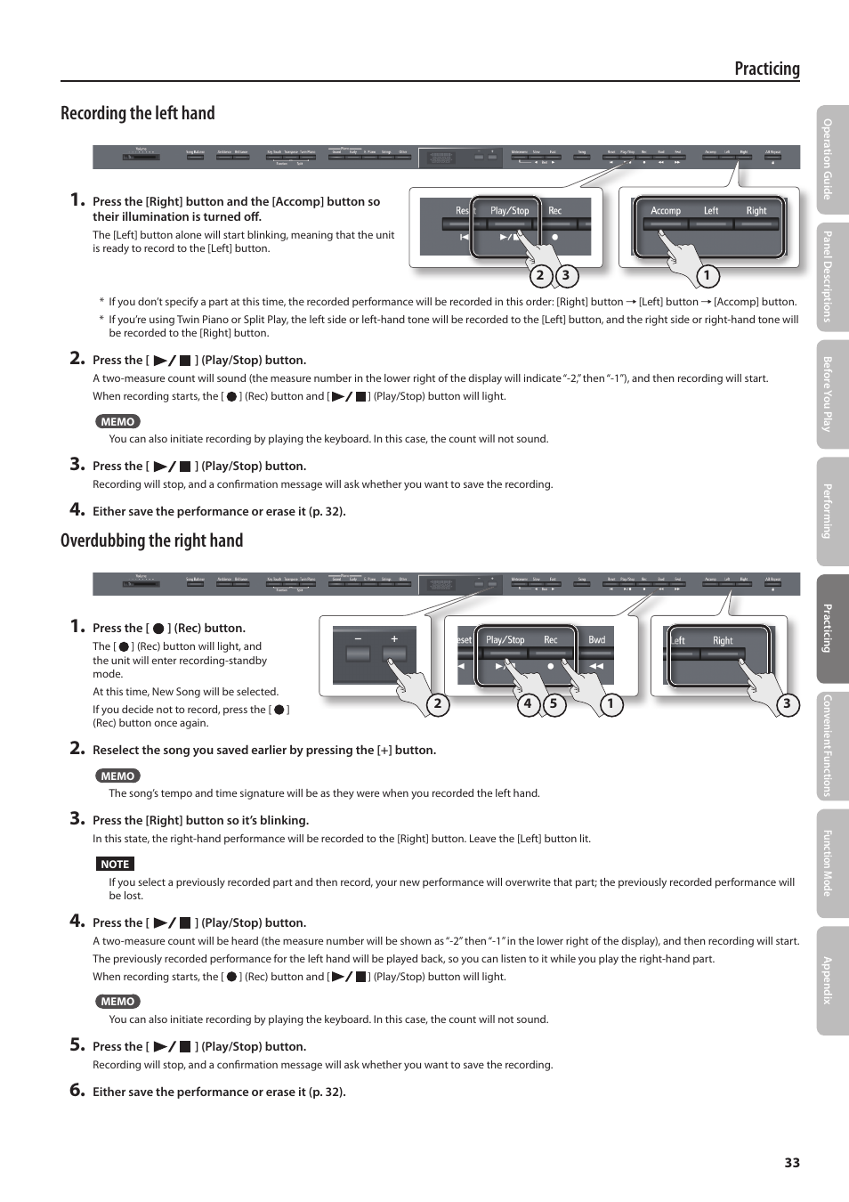 Practicing recording the left hand 1, Overdubbing the right hand 1 | Roland DIGITAL PIANO HP505 User Manual | Page 33 / 68