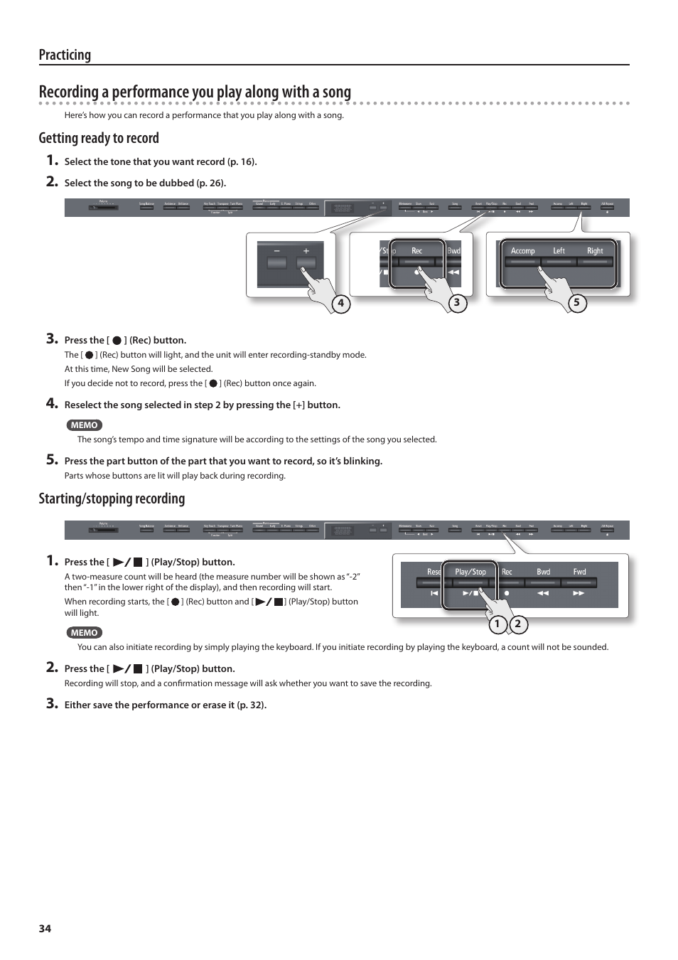 Recording a performance you play along with a song, Practicing, Getting ready to record 1 | Starting/stopping recording 1 | Roland DIGITAL PIANO HP505 User Manual | Page 34 / 68