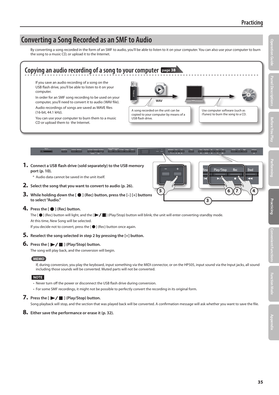 Converting a song recorded as an smf to audio, Practicing | Roland DIGITAL PIANO HP505 User Manual | Page 35 / 68