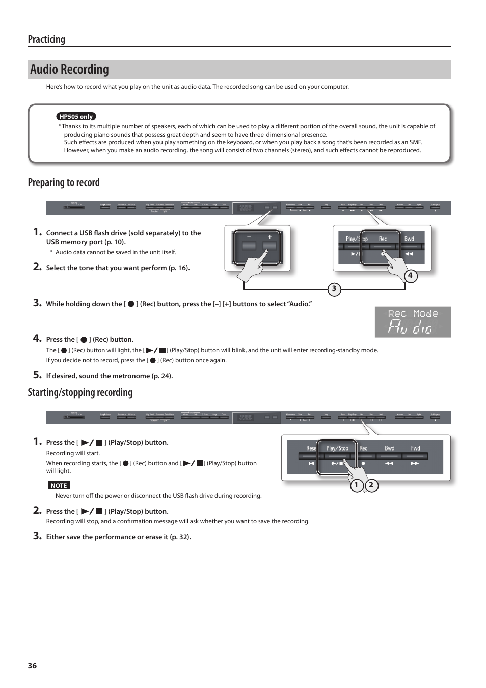 Audio recording, Practicing, Preparing to record 1 | Starting/stopping recording 1 | Roland DIGITAL PIANO HP505 User Manual | Page 36 / 68