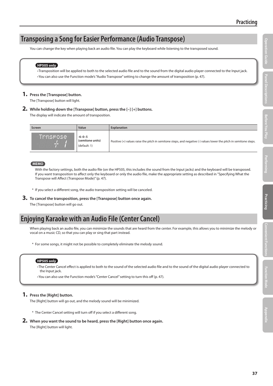 Practicing | Roland DIGITAL PIANO HP505 User Manual | Page 37 / 68