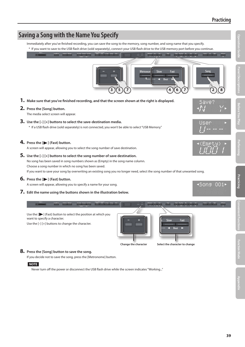 Saving a song with the name you specify, Practicing | Roland DIGITAL PIANO HP505 User Manual | Page 39 / 68
