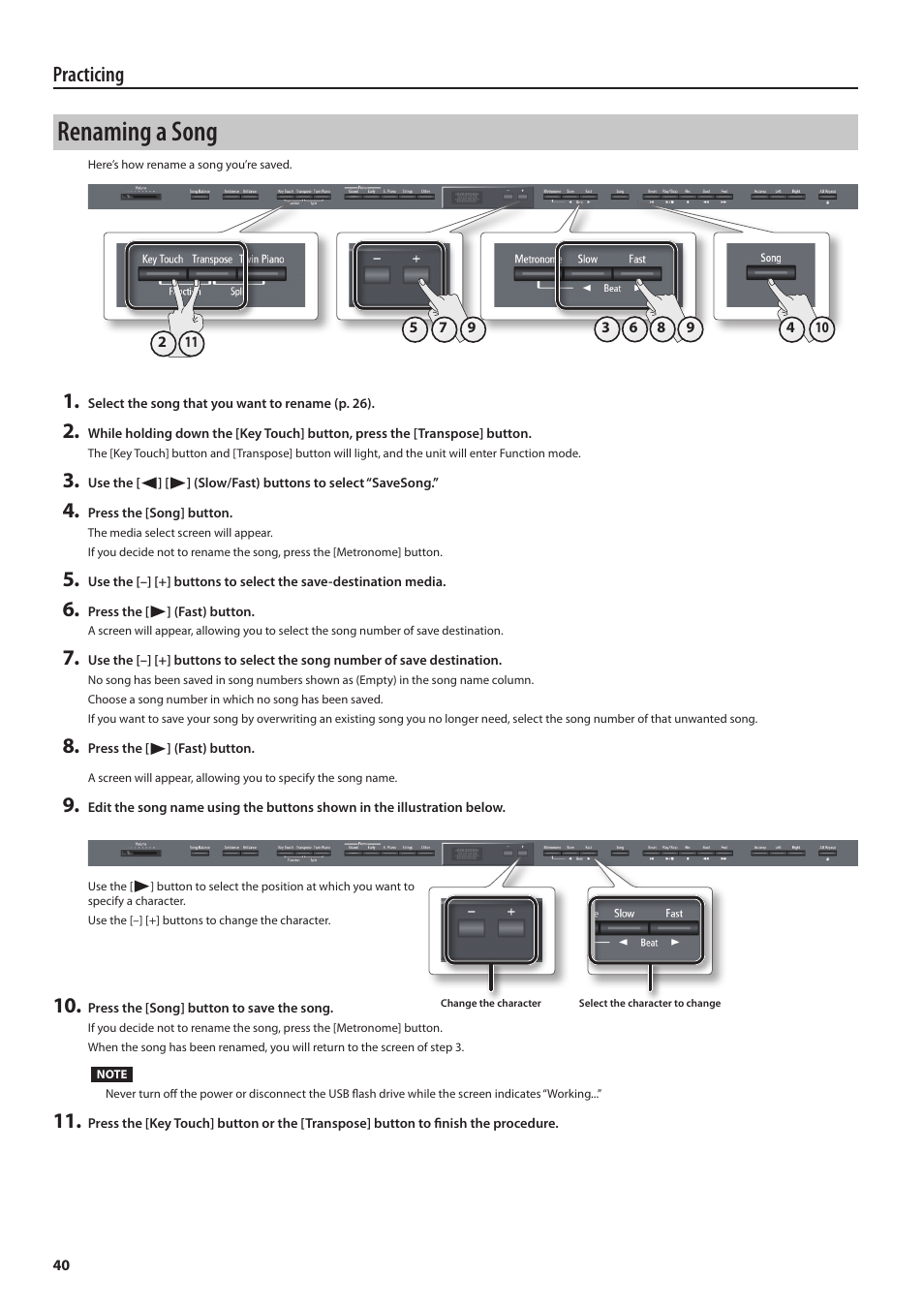 Renaming a song, Practicing | Roland DIGITAL PIANO HP505 User Manual | Page 40 / 68