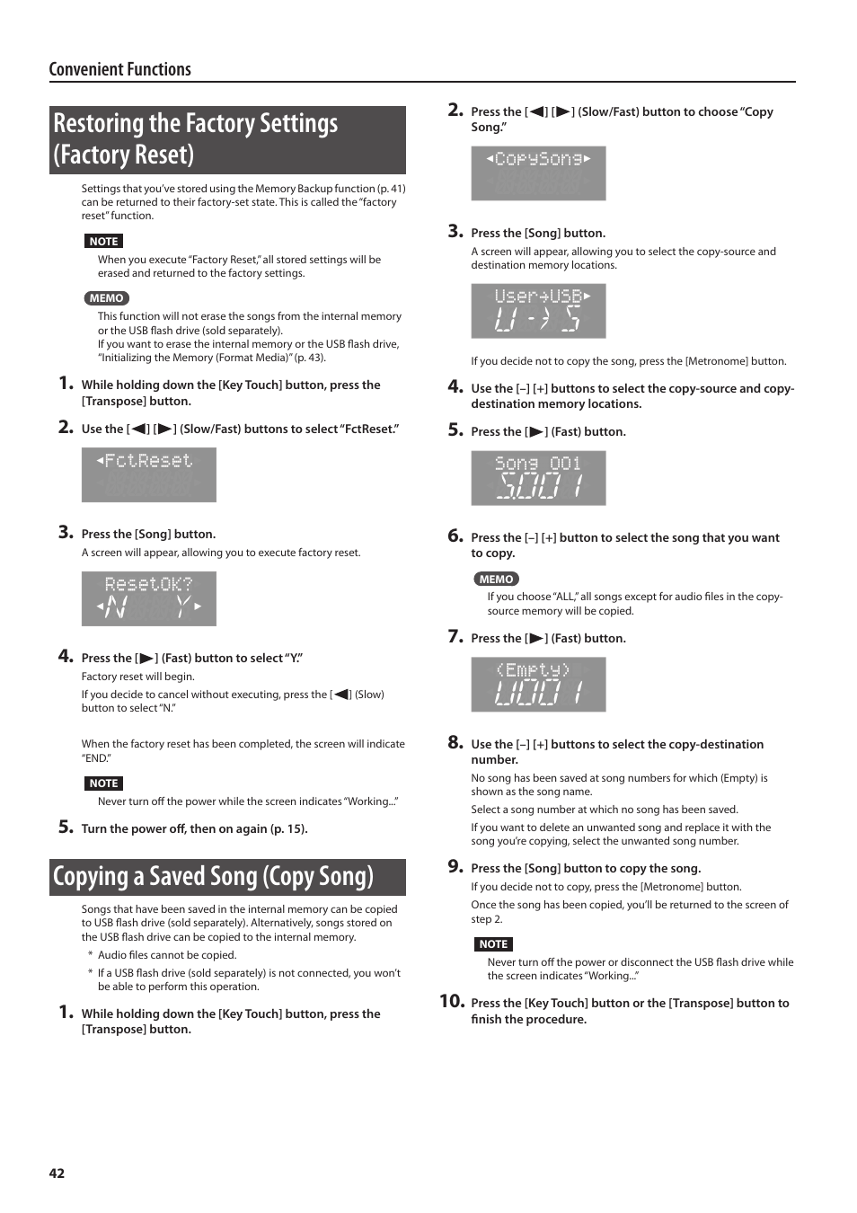 Restoring the factory settings (factory reset), Copying a saved song (copy song), Convenient functions | Roland DIGITAL PIANO HP505 User Manual | Page 42 / 68
