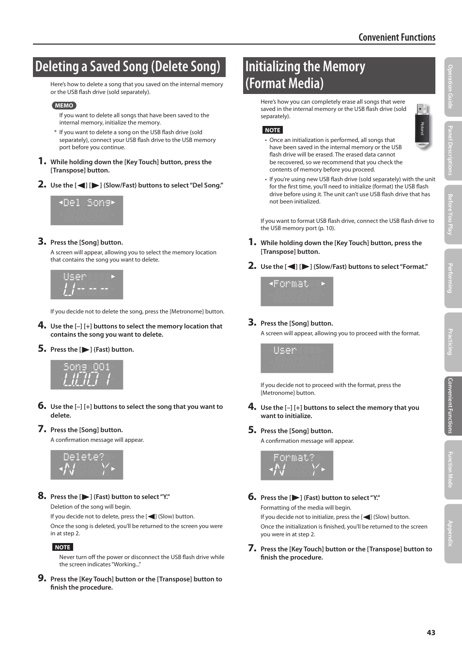 Deleting a saved song (delete song), Convenient functions | Roland DIGITAL PIANO HP505 User Manual | Page 43 / 68