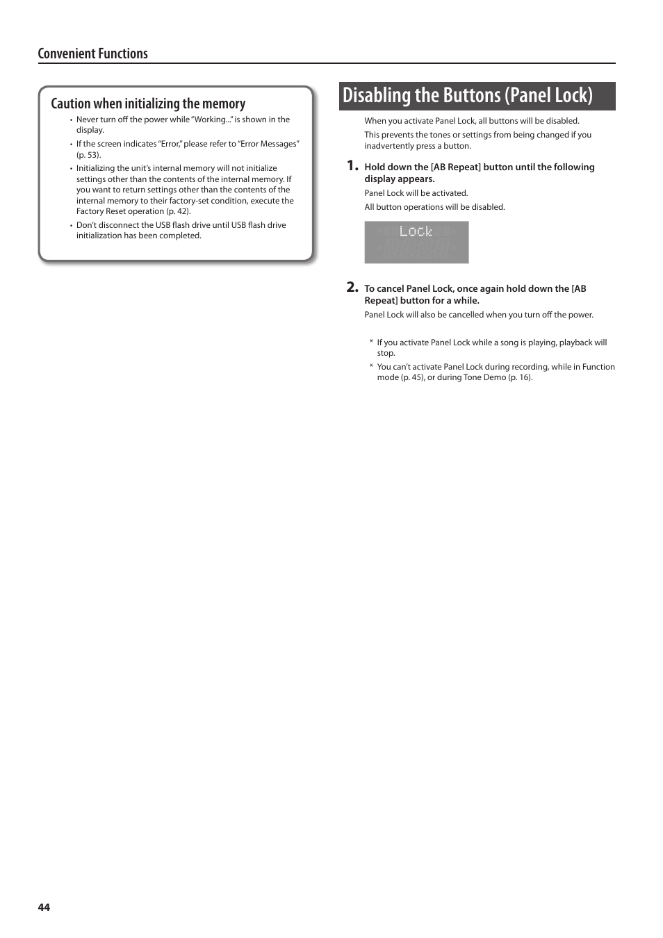 Disabling the buttons (panel lock) | Roland DIGITAL PIANO HP505 User Manual | Page 44 / 68