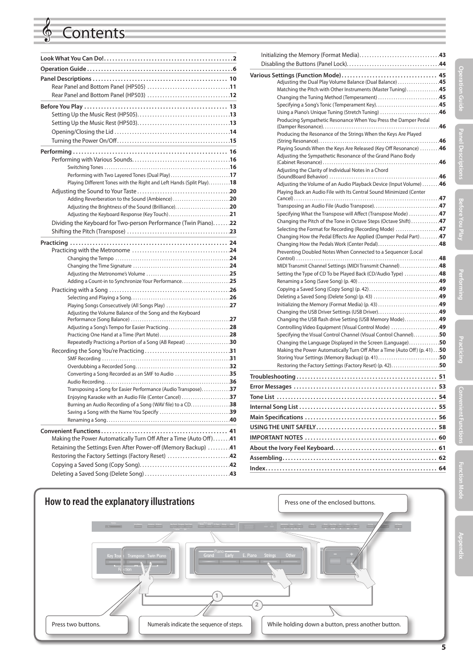 Roland DIGITAL PIANO HP505 User Manual | Page 5 / 68