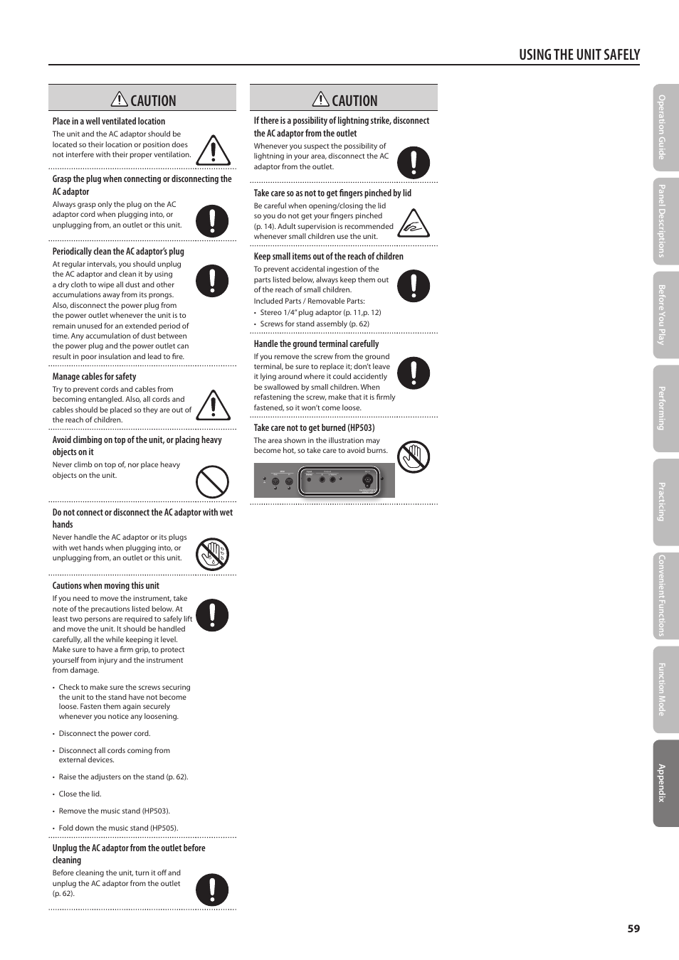 Using the unit safely caution, Caution | Roland DIGITAL PIANO HP505 User Manual | Page 59 / 68