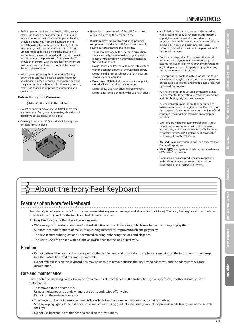 About the ivory feel keyboard, Features of an ivory feel keyboard, Handling | Care and maintenance | Roland DIGITAL PIANO HP505 User Manual | Page 61 / 68