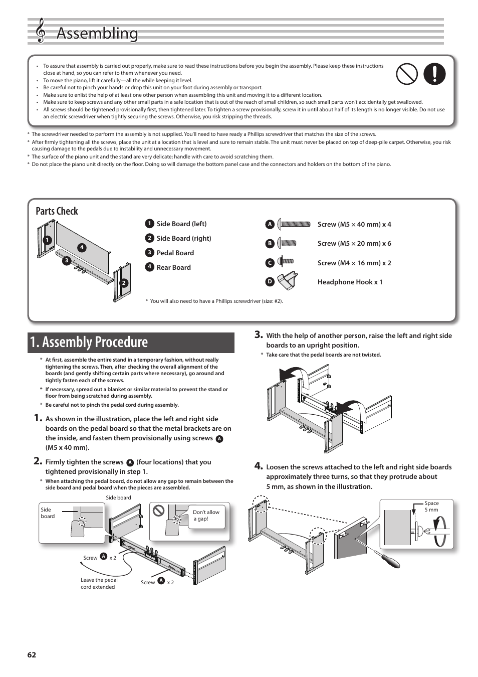 Stand assembly, Assembling, Install the piano onto the stand | Assembly procedure, Parts check, When moving the piano, About ground terminal | Roland DIGITAL PIANO HP505 User Manual | Page 62 / 68