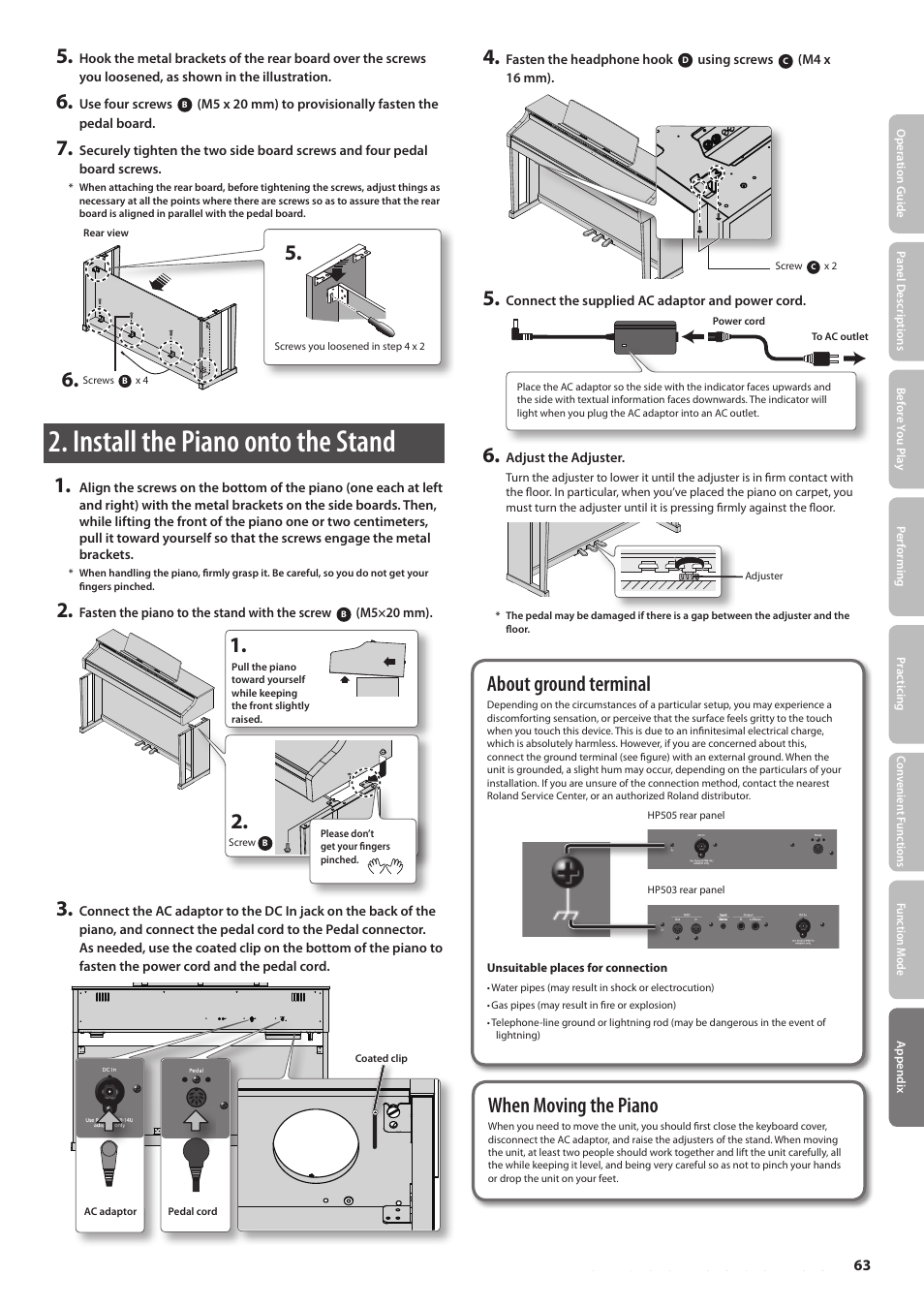 Stand assembly, Install the piano onto the stand, Assembly procedure | Parts check, When moving the piano, About ground terminal | Roland DIGITAL PIANO HP505 User Manual | Page 63 / 68