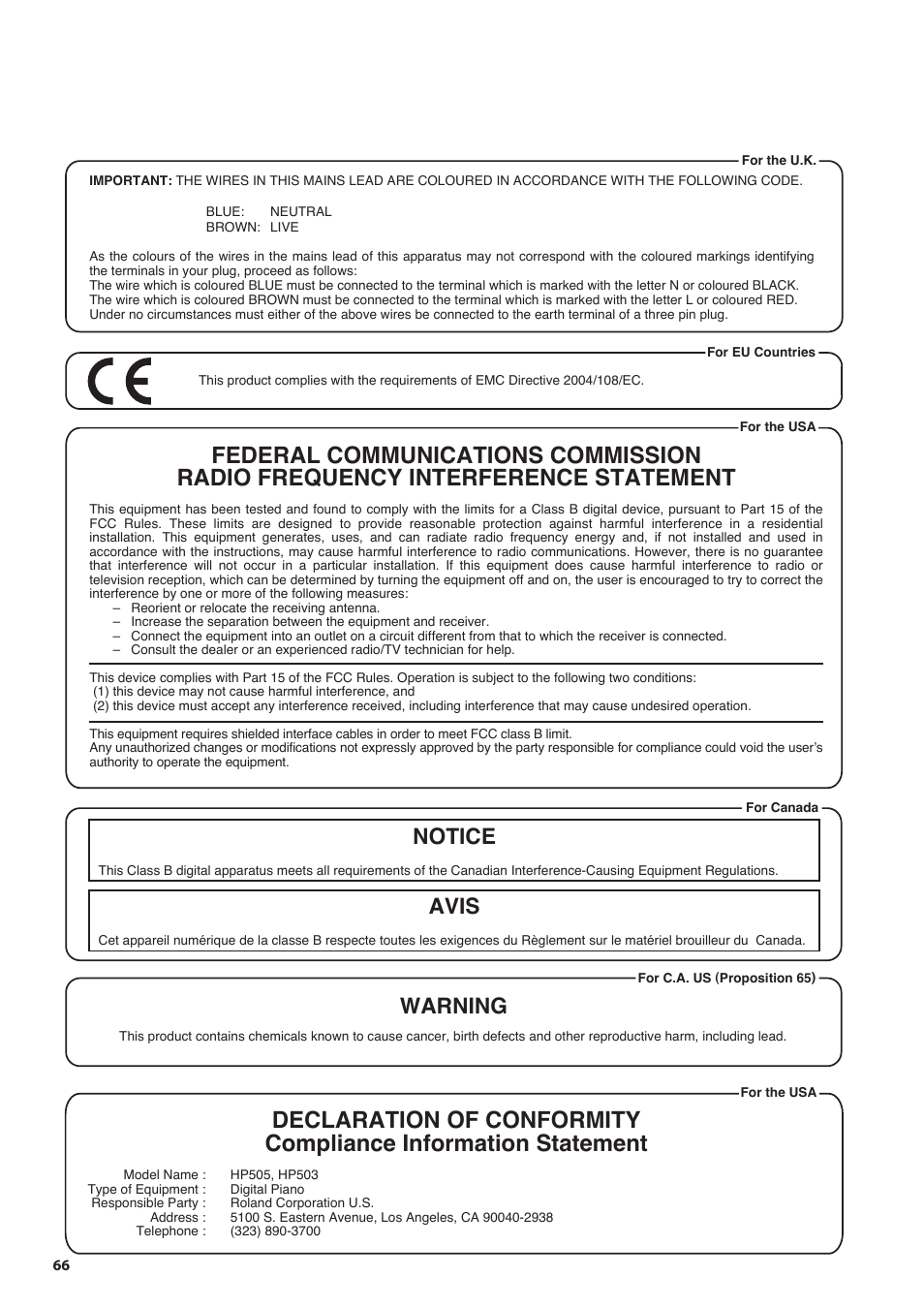 Notice avis, Warning | Roland DIGITAL PIANO HP505 User Manual | Page 66 / 68