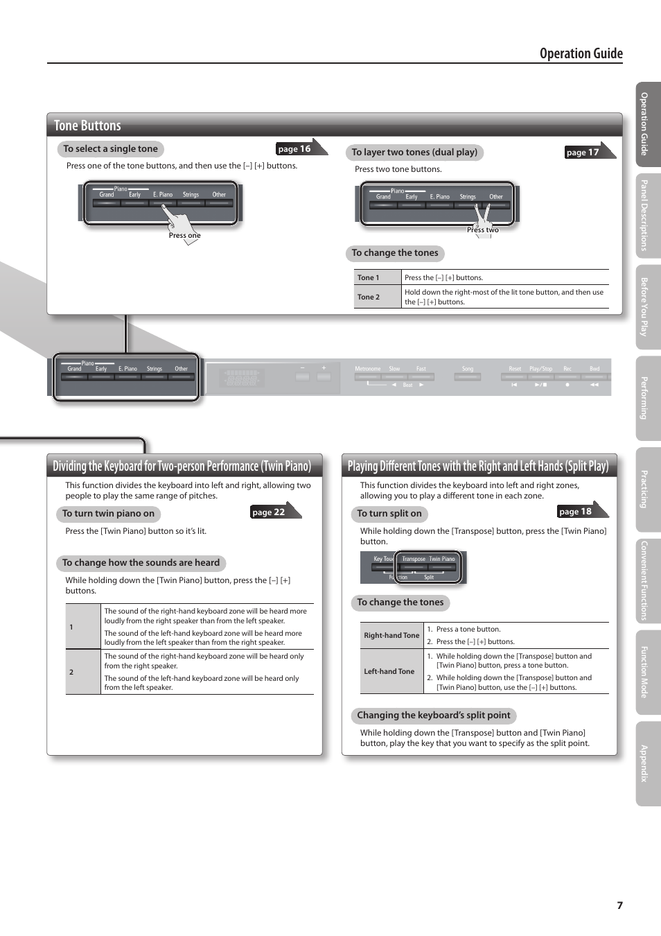 Tone buttons | Roland DIGITAL PIANO HP505 User Manual | Page 7 / 68