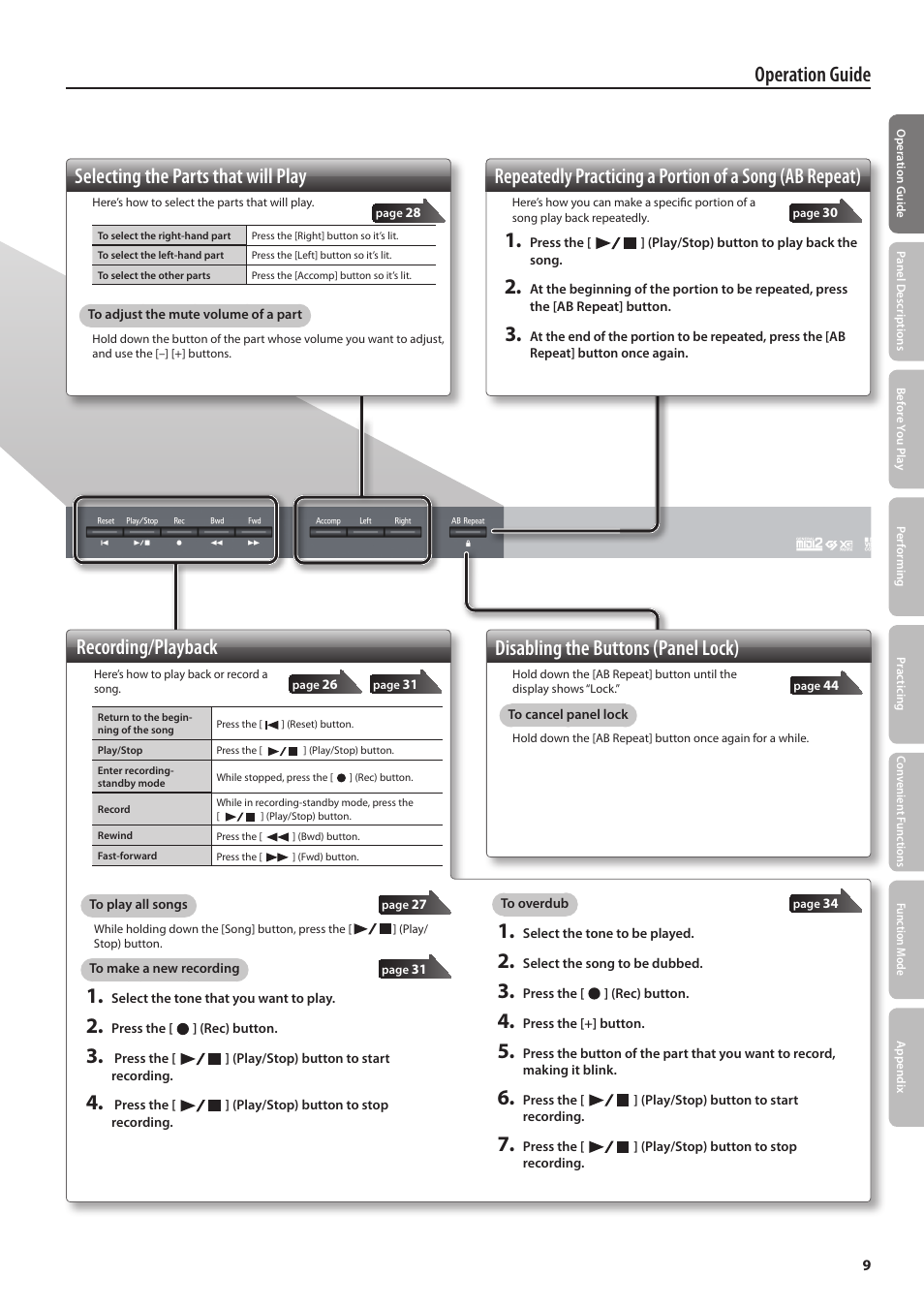 Operation guide disabling the buttons (panel lock), Recording/playback, Selecting the parts that will play | Roland DIGITAL PIANO HP505 User Manual | Page 9 / 68