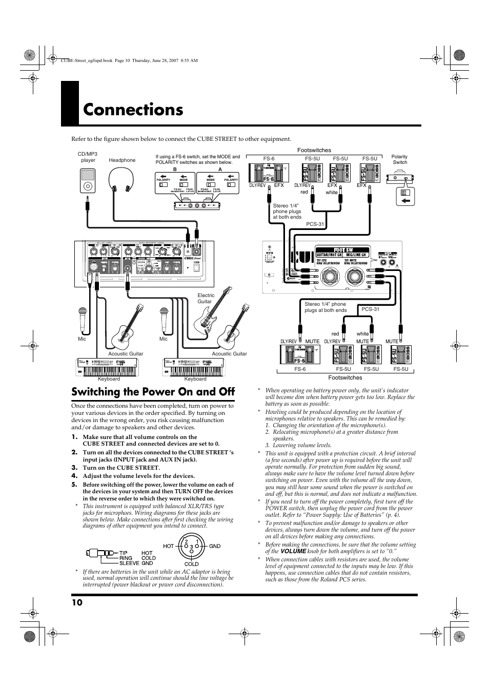 Connections, Switching the power on and off | Roland CUBE STREET User Manual | Page 10 / 44