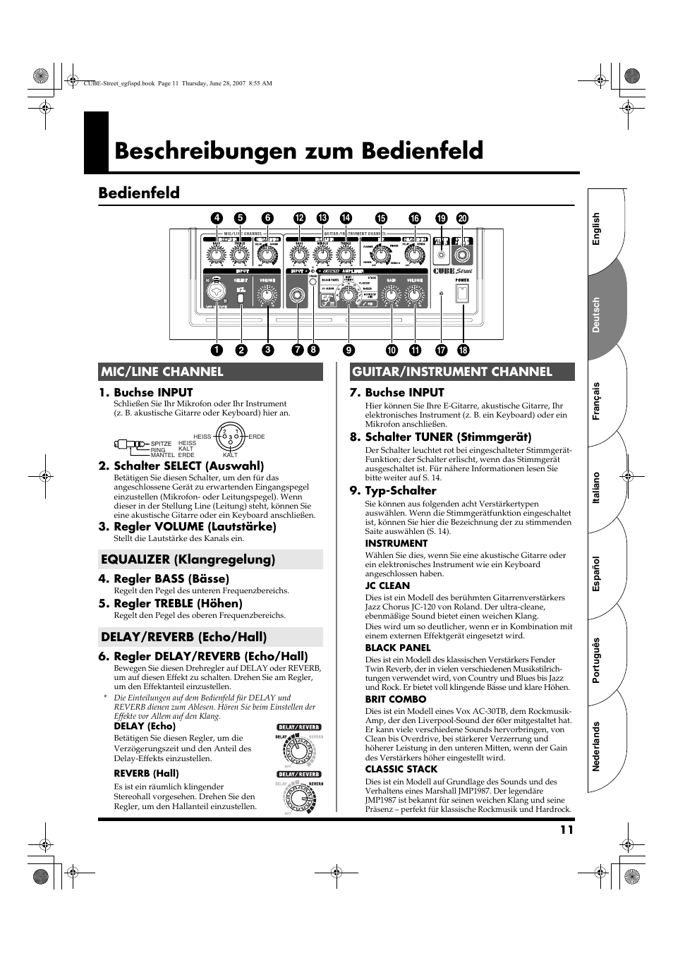 Beschreibungen zum bedienfeld, Bedienfeld, Guitar/instrument channel | Roland CUBE STREET User Manual | Page 11 / 44