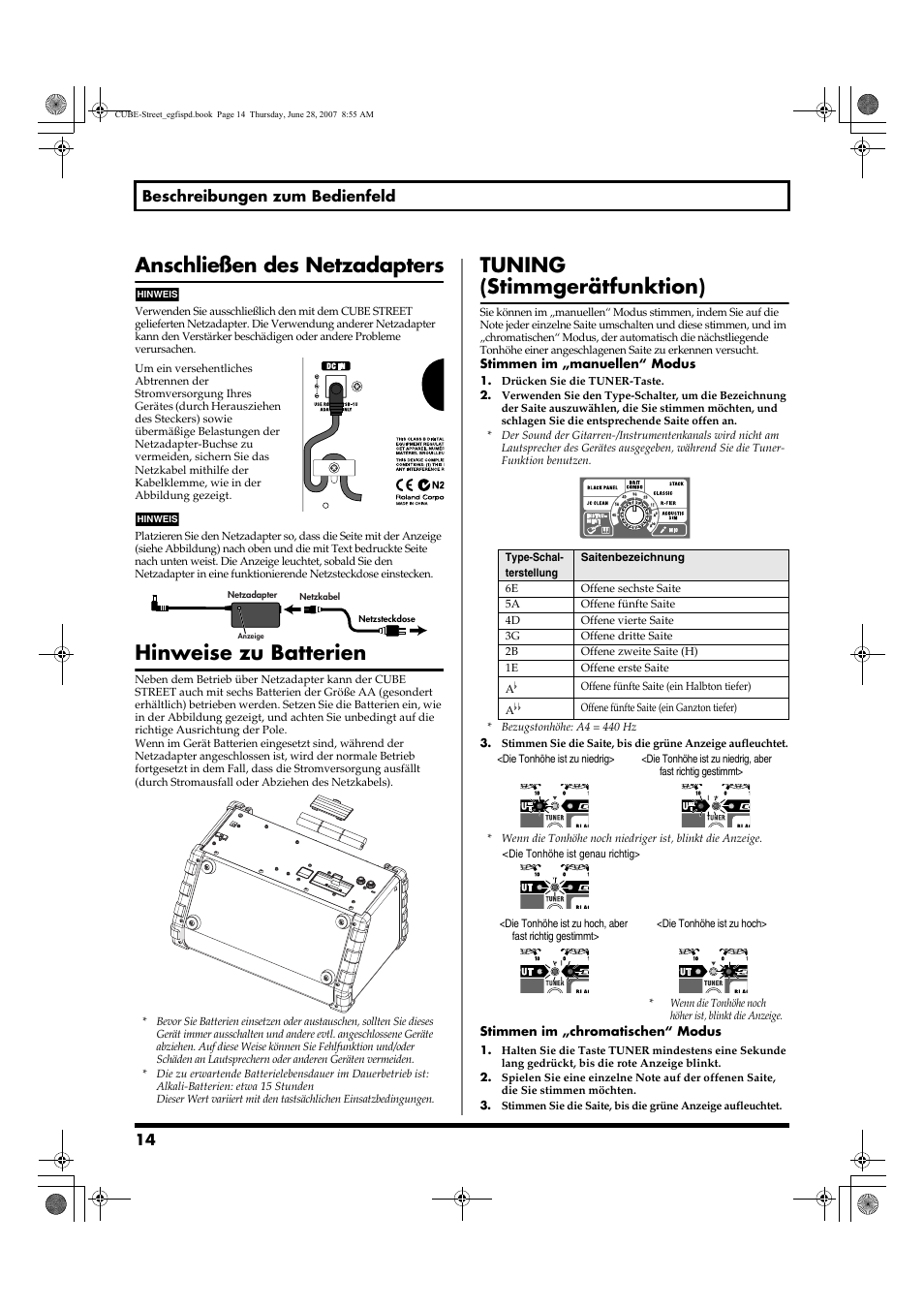 Anschließen des netzadapters, Hinweise zu batterien, Tuning (stimmgerätfunktion) | 14 beschreibungen zum bedienfeld | Roland CUBE STREET User Manual | Page 14 / 44