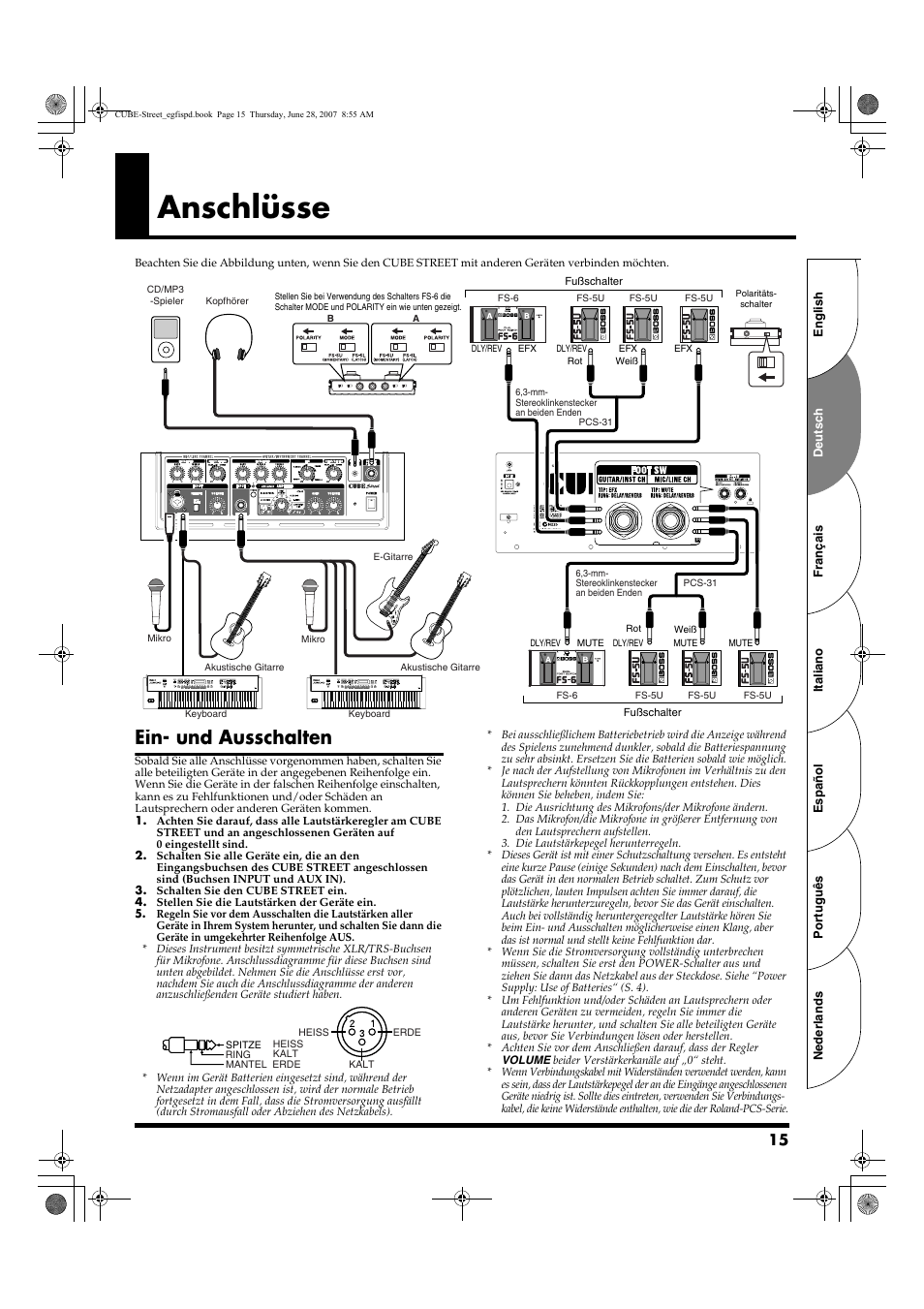 Anschlüsse, Ein- und ausschalten | Roland CUBE STREET User Manual | Page 15 / 44