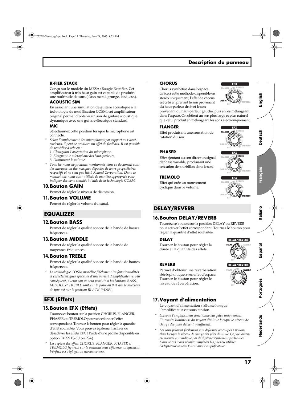 Equalizer efx (effets) delay/reverb | Roland CUBE STREET User Manual | Page 17 / 44