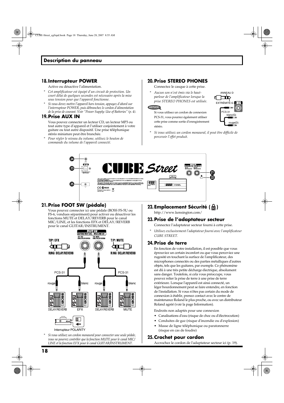18 description du panneau 18. interrupteur power, Prise aux in, Prise stereo phones | Prise foot sw (pédale), Emplacement sécurité ( ), Prise de l’adaptateur secteur, Prise de terre, Crochet pour cordon | Roland CUBE STREET User Manual | Page 18 / 44