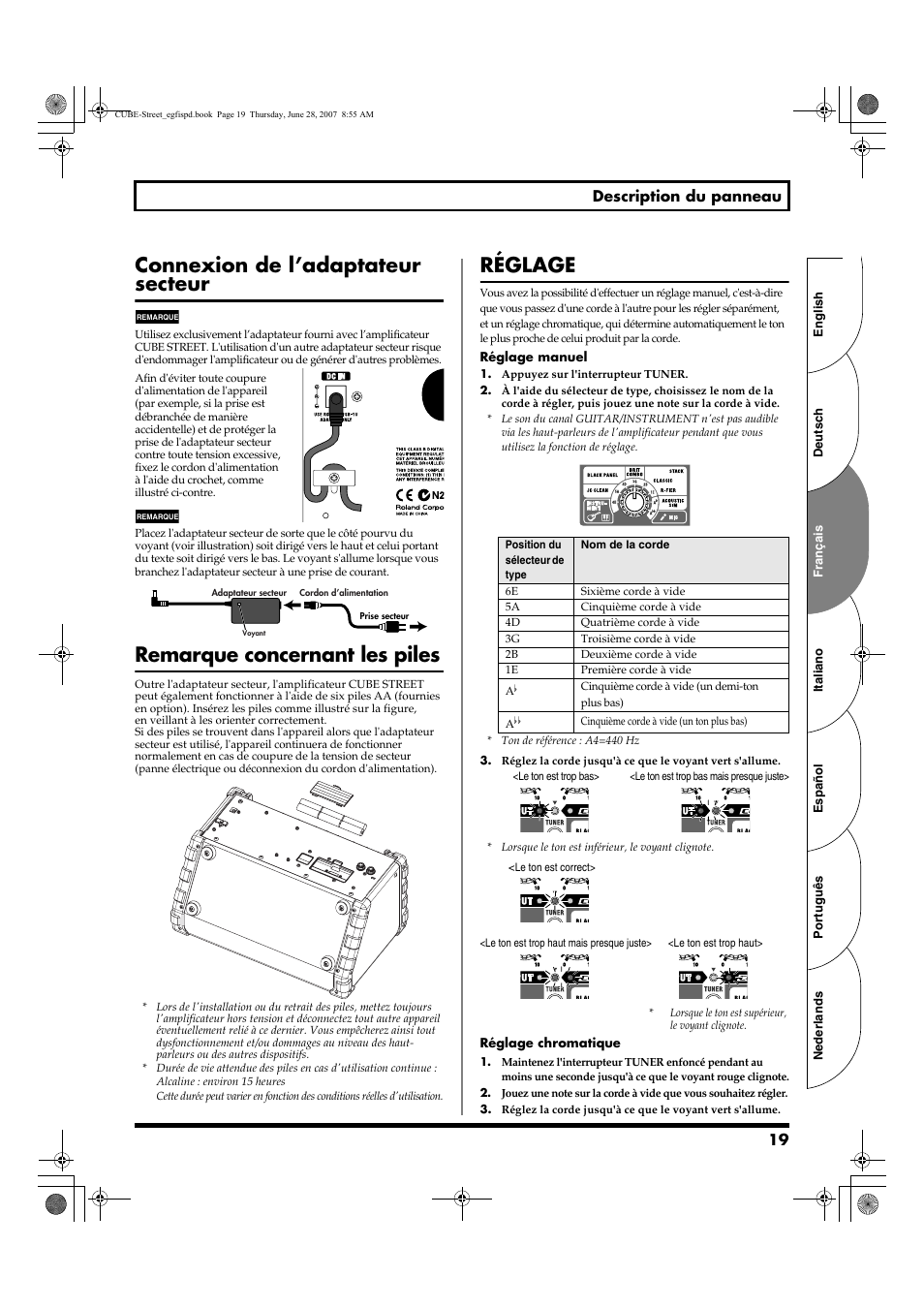 Connexion de l’adaptateur secteur, Remarque concernant les piles, Réglage | Roland CUBE STREET User Manual | Page 19 / 44