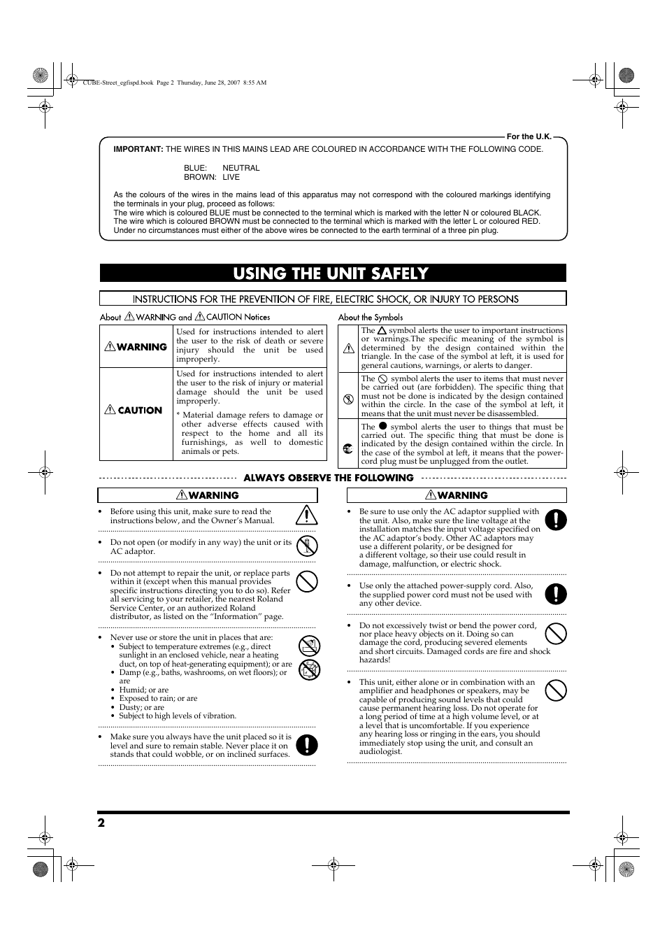 Using the unit safely | Roland CUBE STREET User Manual | Page 2 / 44