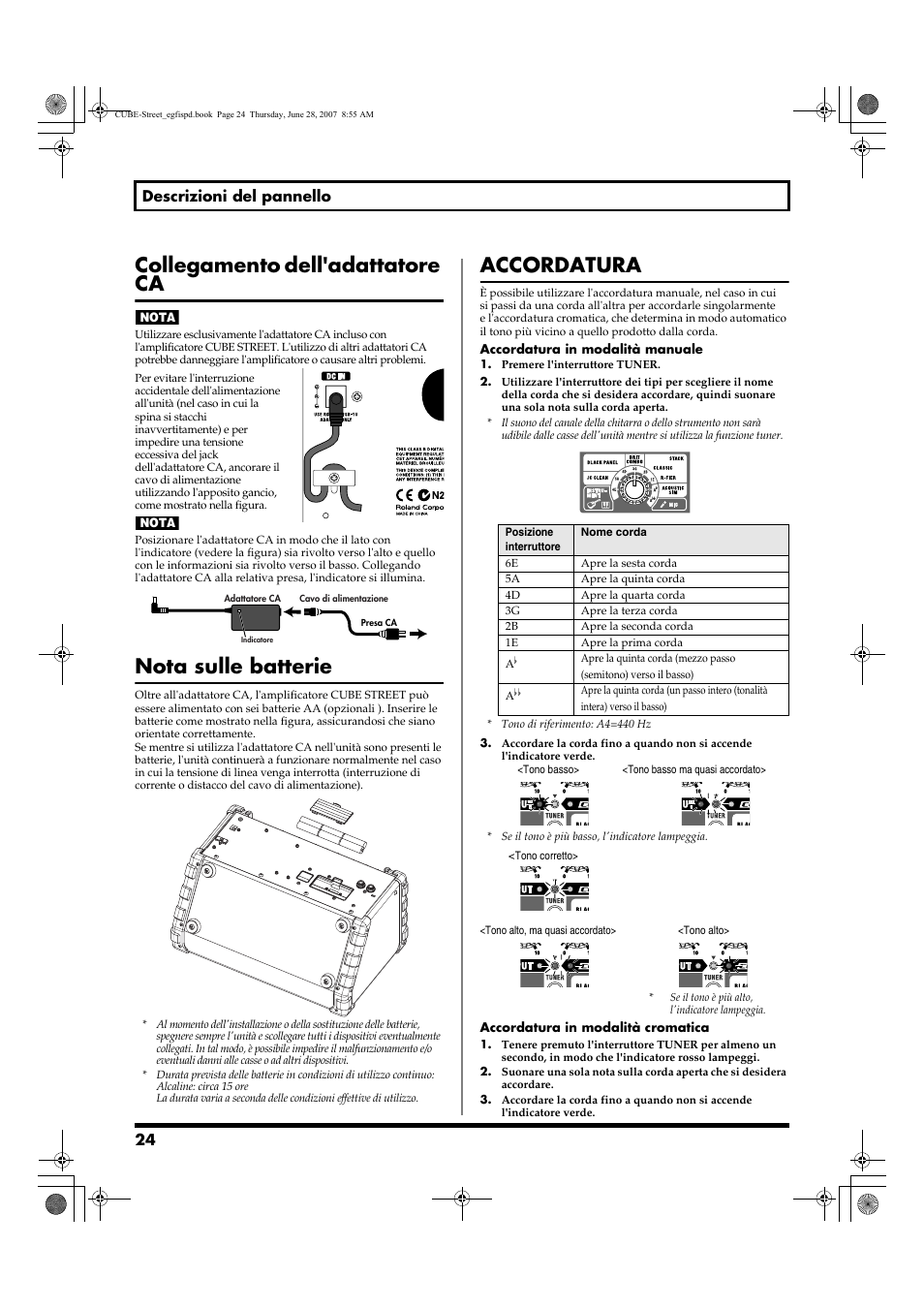 Collegamento dell'adattatore ca, Nota sulle batterie, Accordatura | Roland CUBE STREET User Manual | Page 24 / 44