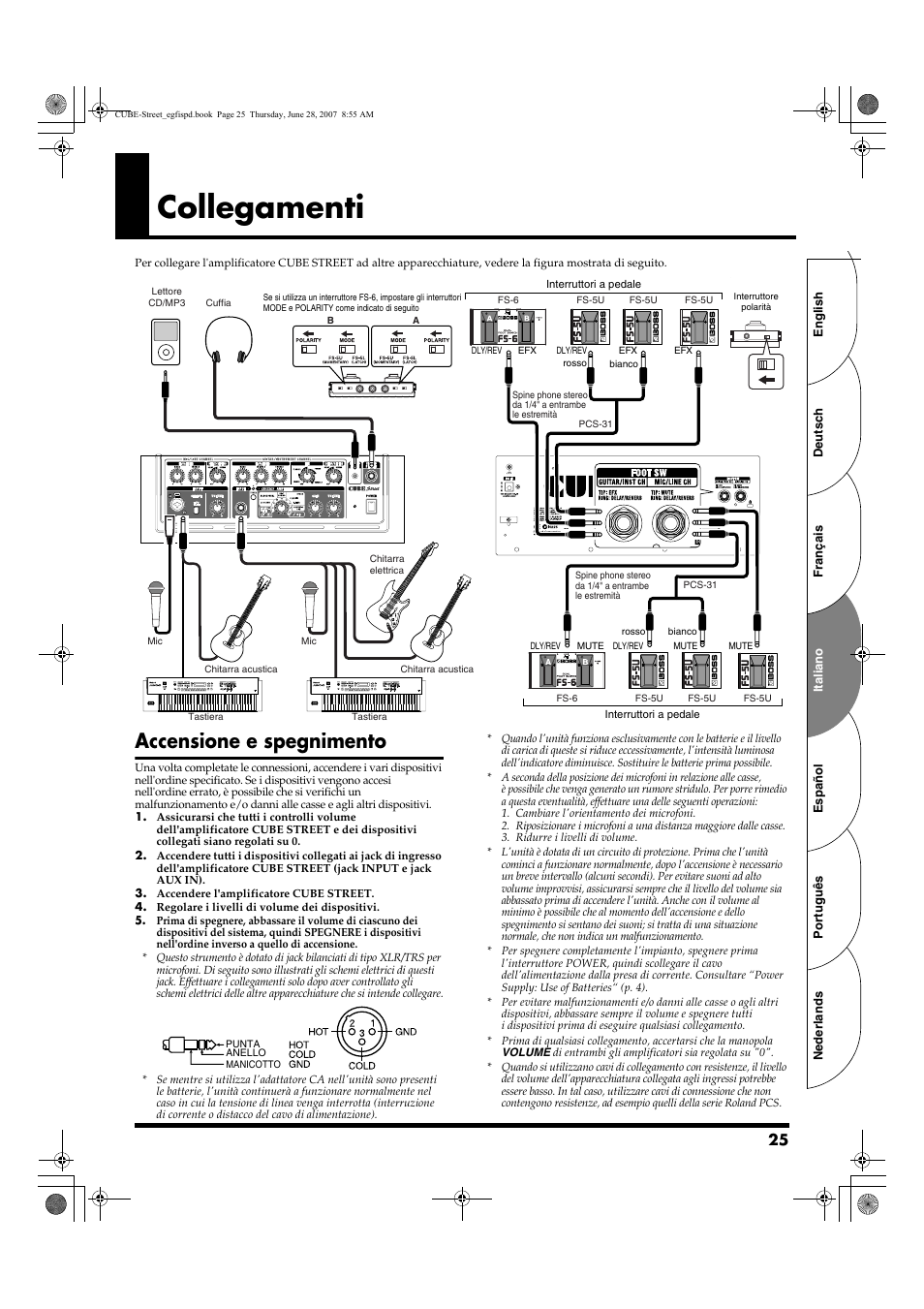 Collegamenti, Accensione e spegnimento | Roland CUBE STREET User Manual | Page 25 / 44