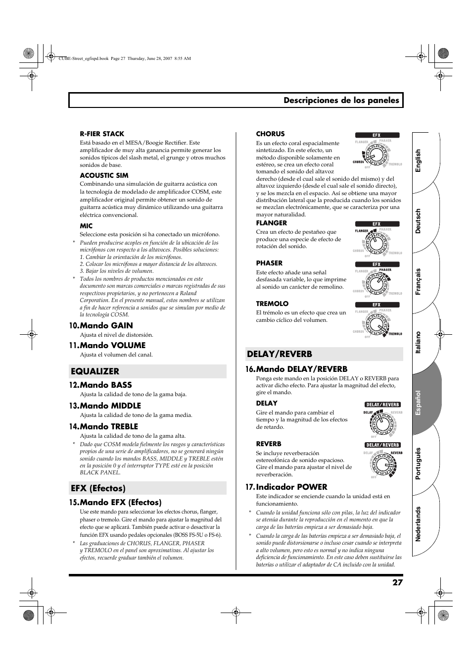 Equalizer efx (efectos) delay/reverb | Roland CUBE STREET User Manual | Page 27 / 44