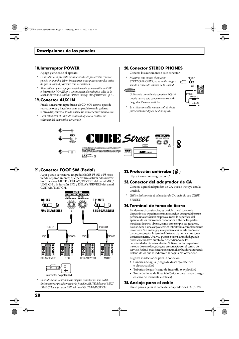 Conector aux in, Conector stereo phones, Conector foot sw (pedal) | Protección antirrobo ( ), Conector del adaptador de ca, Terminal de toma de tierra, Anclaje para el cable | Roland CUBE STREET User Manual | Page 28 / 44