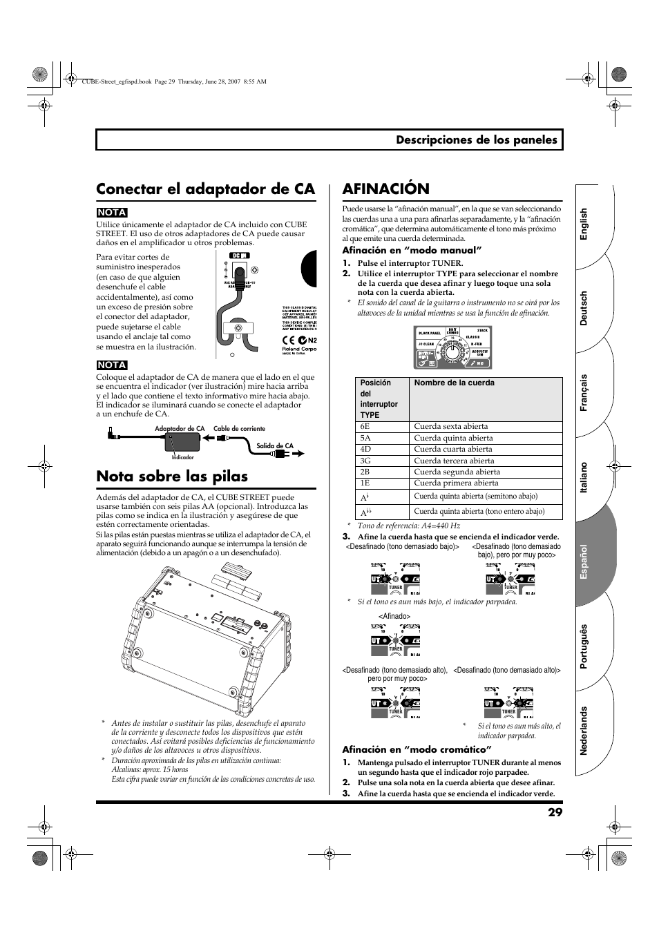 Conectar el adaptador de ca, Nota sobre las pilas, Afinación | Roland CUBE STREET User Manual | Page 29 / 44