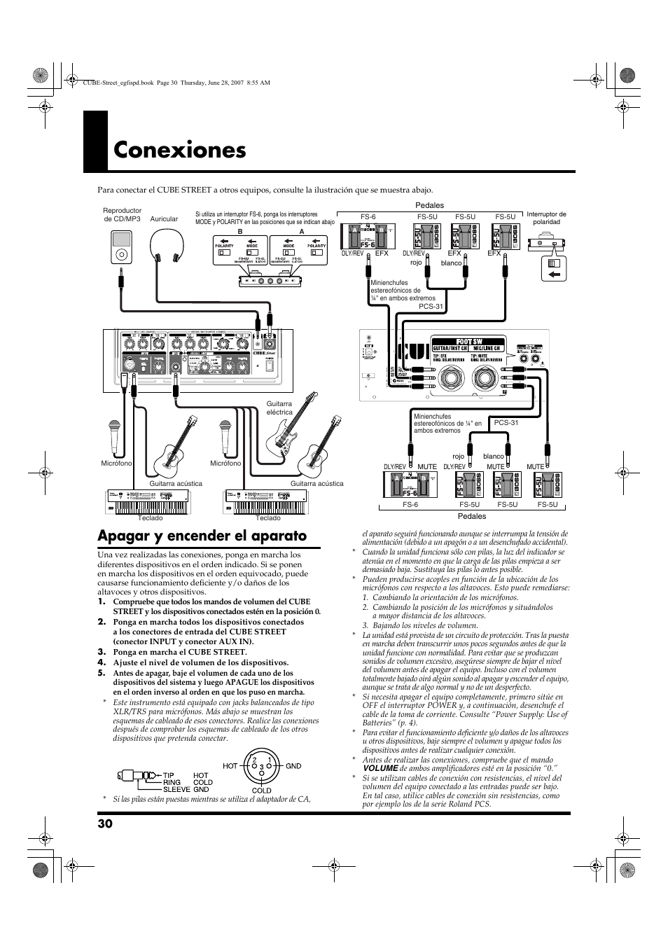 Conexiones, Apagar y encender el aparato | Roland CUBE STREET User Manual | Page 30 / 44