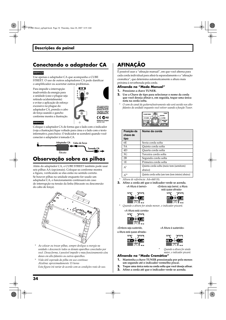 Conectando o adaptador ca, Observação sobre as pilhas, Afinação | 34 descrições do painel | Roland CUBE STREET User Manual | Page 34 / 44