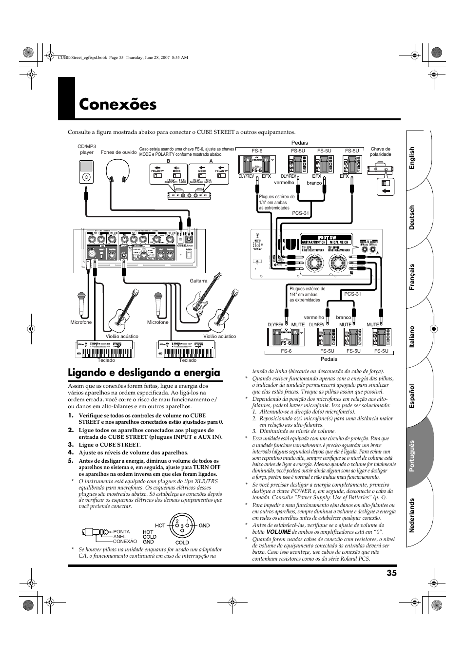 Conexões, Ligando e desligando a energia | Roland CUBE STREET User Manual | Page 35 / 44