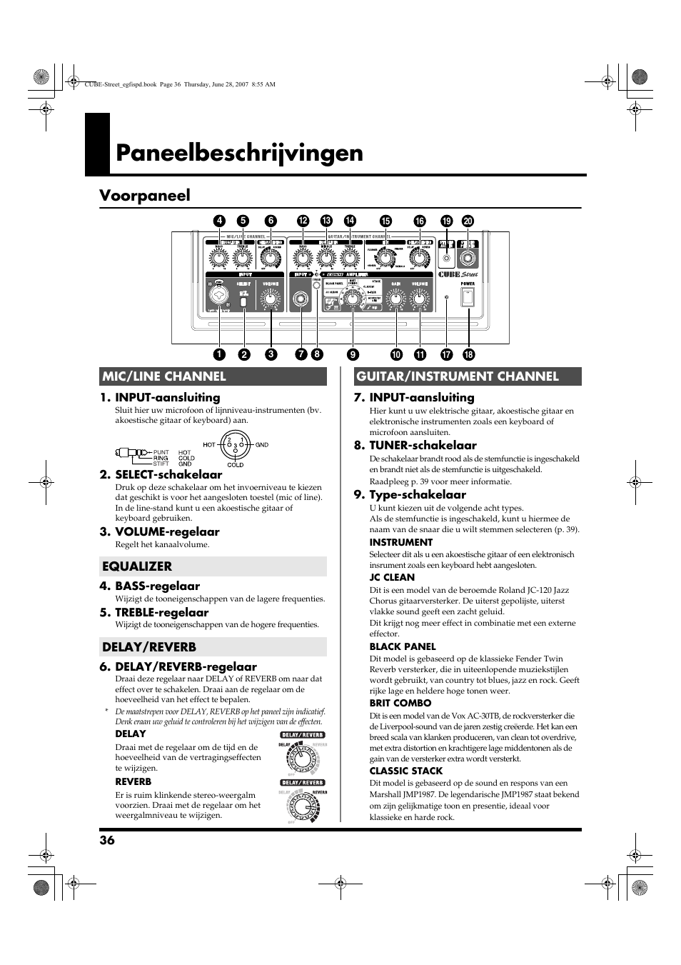 Paneelbeschrijvingen, Voorpaneel | Roland CUBE STREET User Manual | Page 36 / 44