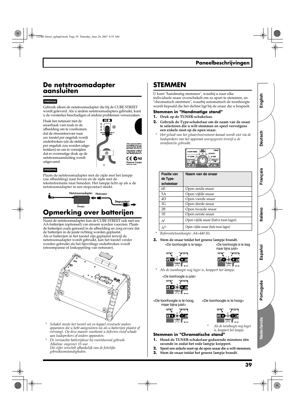 De netstroomadapter aansluiten, Opmerking over batterijen, Stemmen | Roland CUBE STREET User Manual | Page 39 / 44