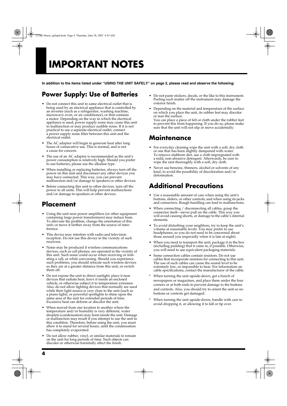 Important notes, Power supply: use of batteries, Placement | Maintenance, Additional precautions | Roland CUBE STREET User Manual | Page 4 / 44