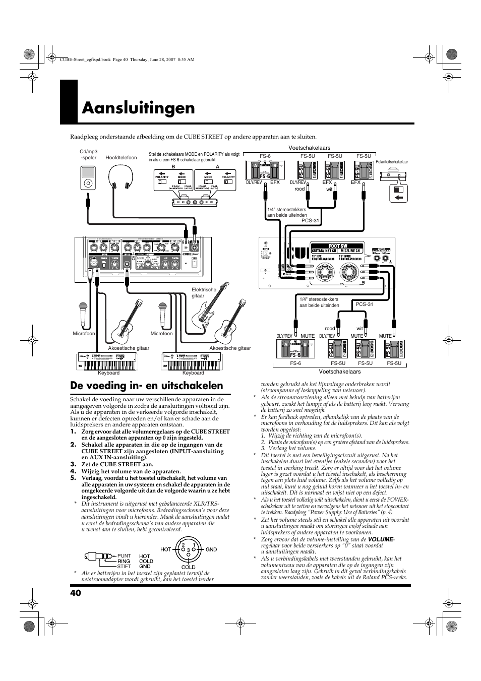Aansluitingen, De voeding in- en uitschakelen | Roland CUBE STREET User Manual | Page 40 / 44