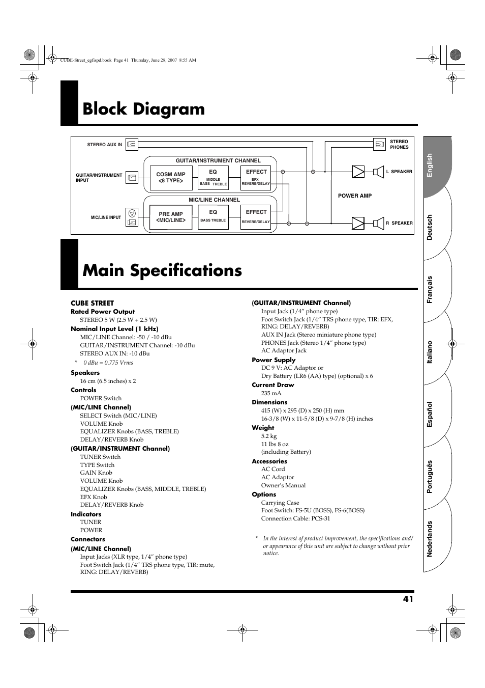 Block diagram, Main specifications | Roland CUBE STREET User Manual | Page 41 / 44